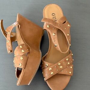 GUESS Brown Wedge Sandals with Gold Accents